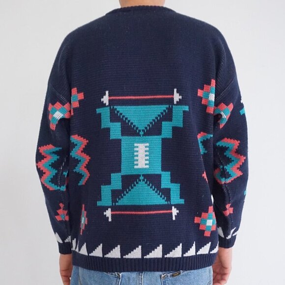 Vintage '80s B.E-Z Navy Teal Aztec Biggie Cosby Chunky Knit Crewneck Sweater L - Picture 2 of 9